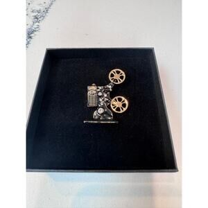 Vintage Movie Projector Pendant Brooch Pin Rhinestone Black Gold Film Camera